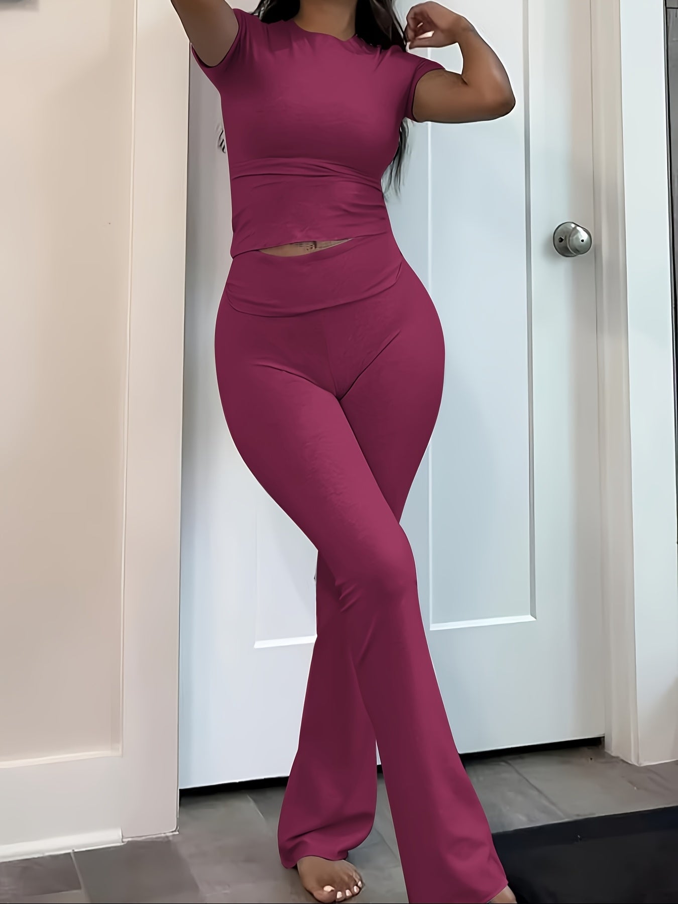 Casual Solid Color Slim Two-piece Pants Set, Short Sleeve Crew Neck T-shirt & Skinny Flared Leg Pants Outfits, Women'S Clothing
