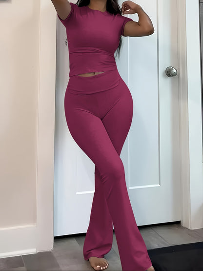 Casual Solid Color Slim Two-piece Pants Set, Short Sleeve Crew Neck T-shirt & Skinny Flared Leg Pants Outfits, Women'S Clothing