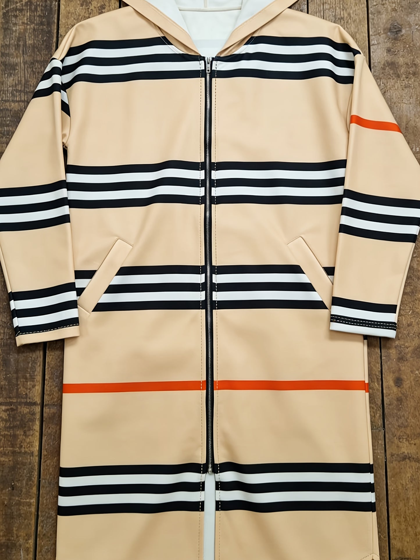 Women'S Beige Wavy Striped Hooded Longline Coat | Trendy Y2K Quiet Luxury Vibe Loose-Fit Full-Zip Outerwear for Spring Autumn Casual Daily Chic Versatile Outfit