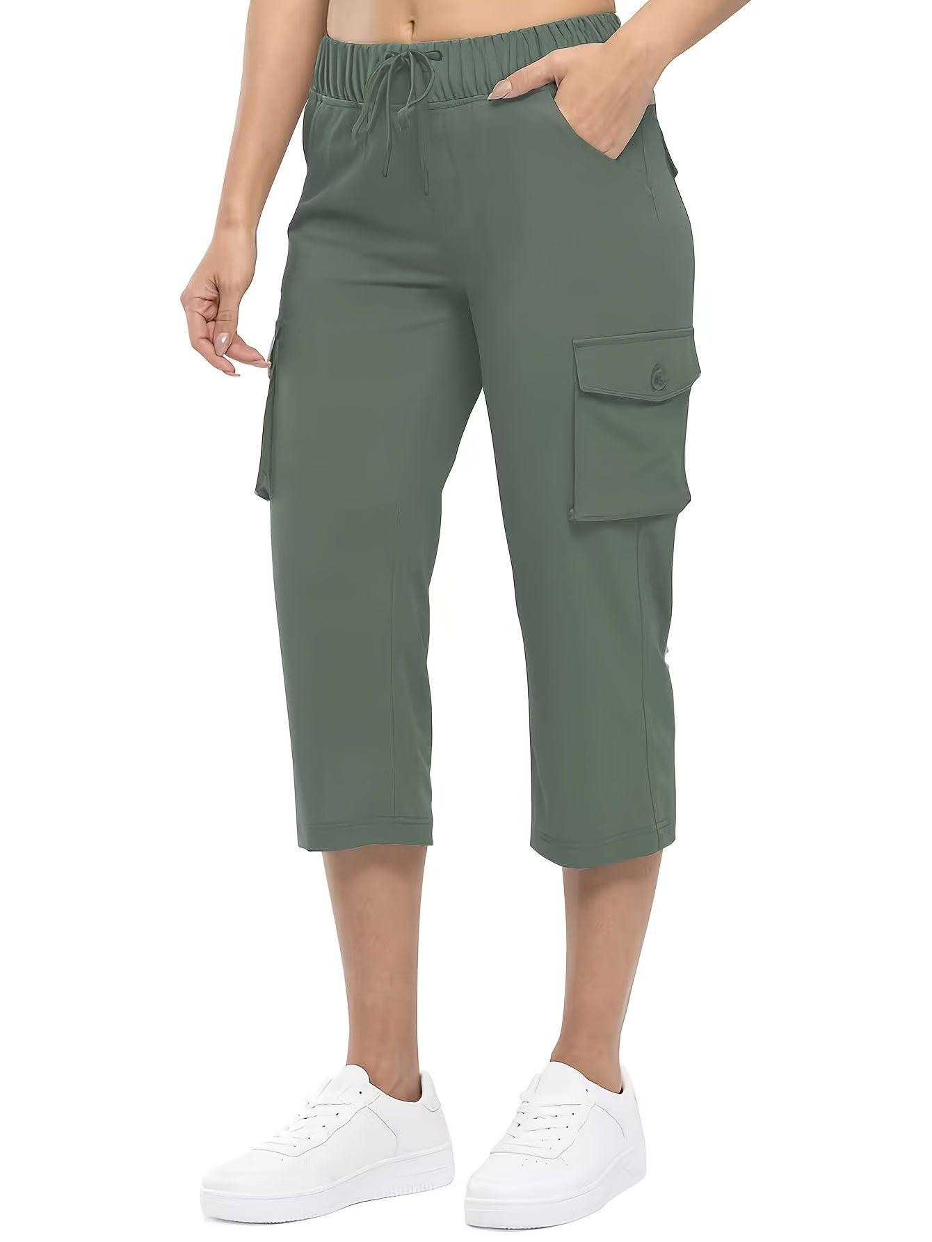 3pcs Women'S Fashionable Cargo Capri Pants for Summer, with Elastic Waistband And Pockets - Casual Sports Capri Pants, Breathable Blend