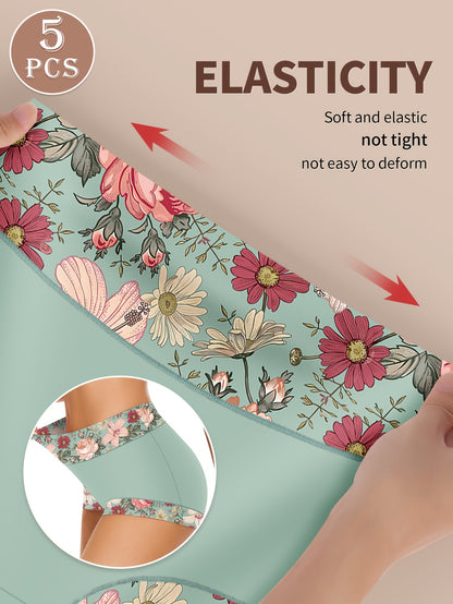 5pcs Women'S High Waist Briefs, Floral Print Design, Soft & Skin-Friendly Comfortable Daily Triangle Underwear