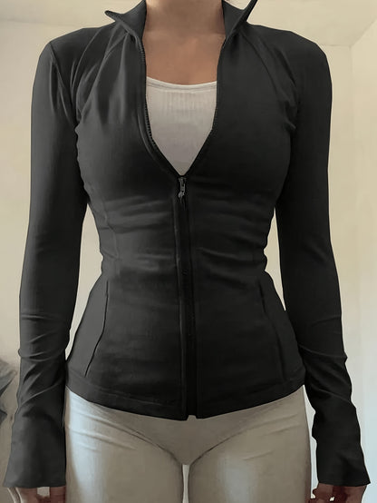 Women'S Athletic Stand Collar Zip-Up Long Sleeve Slim Jacket Waist-Cinching Fitness Casual Sport Top