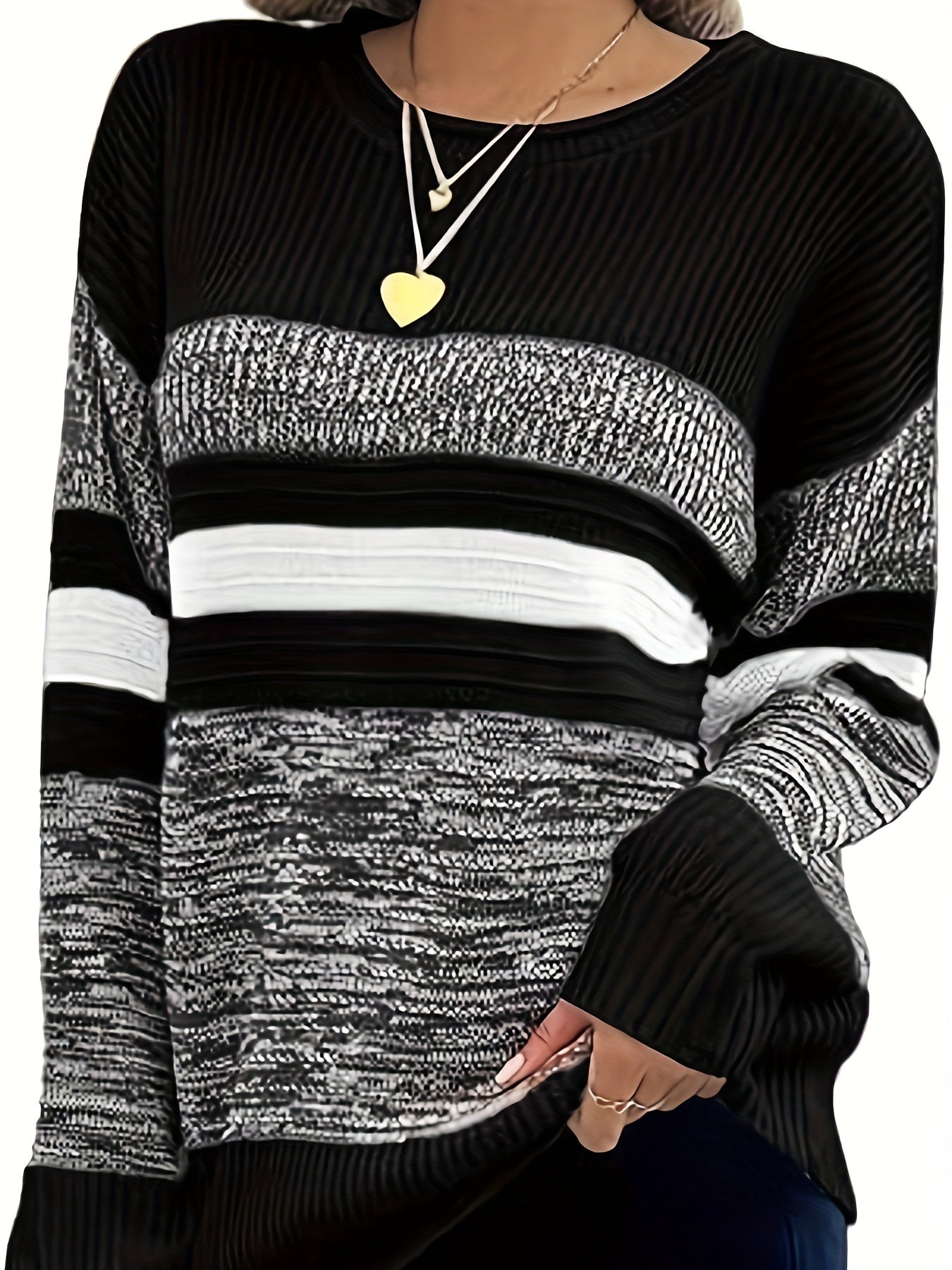 Women'S Fashion Striped Long Sleeve Sweater Color-Blocked Pullover Top Casual Ribbed Sweater