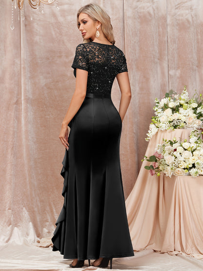53272 Elegant Womens Sequin Lace Contrast Bridesmaid Maxi Dress, Scoop Neck Short Sleeves, Side Ruffle Detail, Satin Mermaid Hem, Perfect for Graduation Season, Wedding Season, Summer Wedding Guest, Evening Party, Summer Vacation Events And Formal