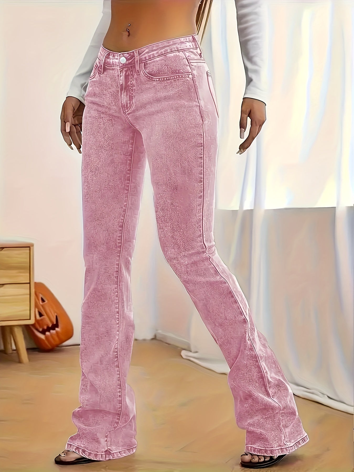 2026 NEW [Long Length Skinny Flare Jeans] Women'S Casual Skinny Flare Jeans, Long Length, Low Waist, Button Fly, Medium Stretch, All Seasons, Solid Color