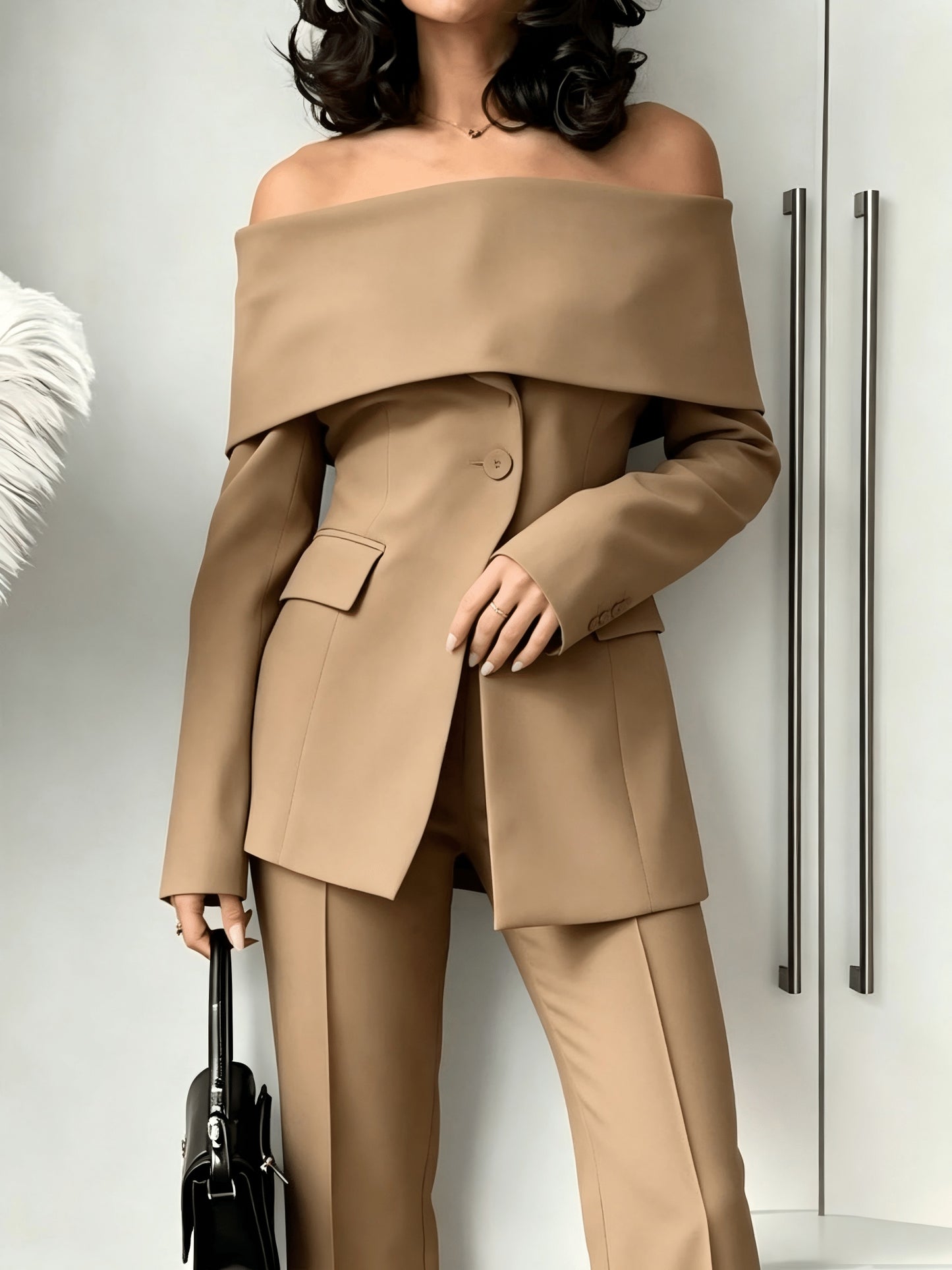 Fashionable Women'S Tops, Long-sleeved Solid-color Front-slit Spliced Sexy Off-the-shoulder Blazer, Sizes S - XXL