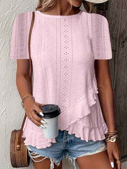 Women's Elegant Short Sleeve T-Shirt - Breathable Jacquard Fabric with Ruffled Edges, Semi-Sheer Solid Color Top for Spring Summer Fall, Machine Washable Casual & Dressy Blouse