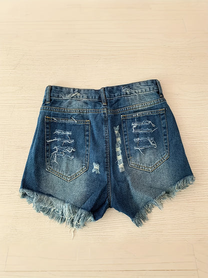 Women's High-waisted Ripped Denim Shorts with Fringed Star Prints, Suitable for Casual, Sports And Daily Wear, Summer Women's Clothing