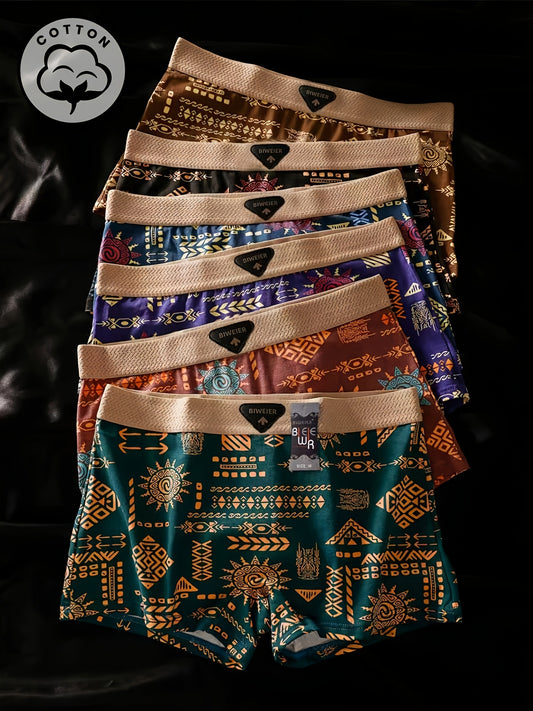 6pcs BIWEIER Women's Trendy Printed Boyshorts, High-end and Light Luxury, Soft and Comfortable, Ethnic Retro Style Underwear, Suitable for Women's Casual Sports and Home Commuting, Valentine's Day Gift