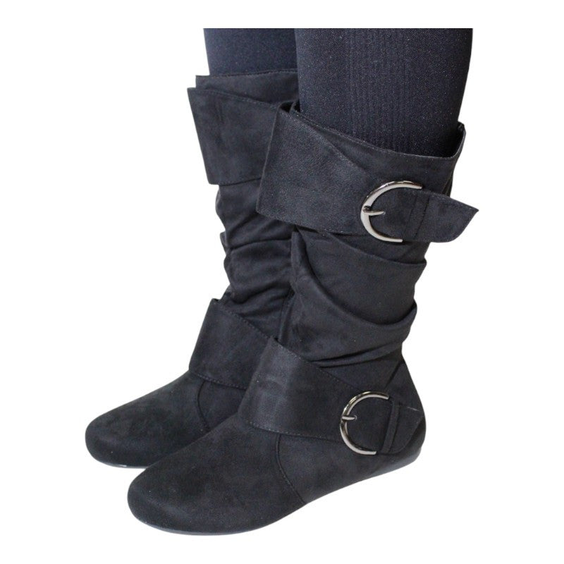 Women's Closed Round Toe Buckle Slouch Flat Heel Mid-Calf Boot