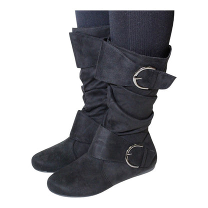 Women's Closed Round Toe Buckle Slouch Flat Heel Mid-Calf Boot