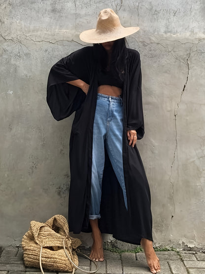 Women's Beige Kimono Cardigan - Casual V-Neck, Long Sleeve with Tie Waist, Lightweight Beach Cover-Up Dress, Breathable & Semi-Sheer for Vacation Layering, Casual Layering Piece|Flowing Beachwear|Breathable Fabric