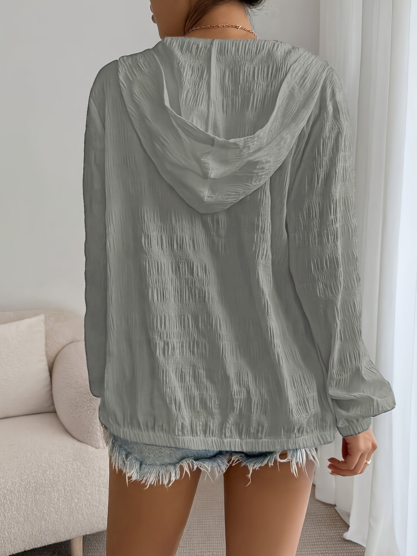 Women'S Lightweight White Hooded Jacket | Casual Pleated Design, Zip-Up Closure, Long Sleeves, Machine Washable - Versatile Outerwear for Fall, Spring, and Summer, Fashion and Leisure
