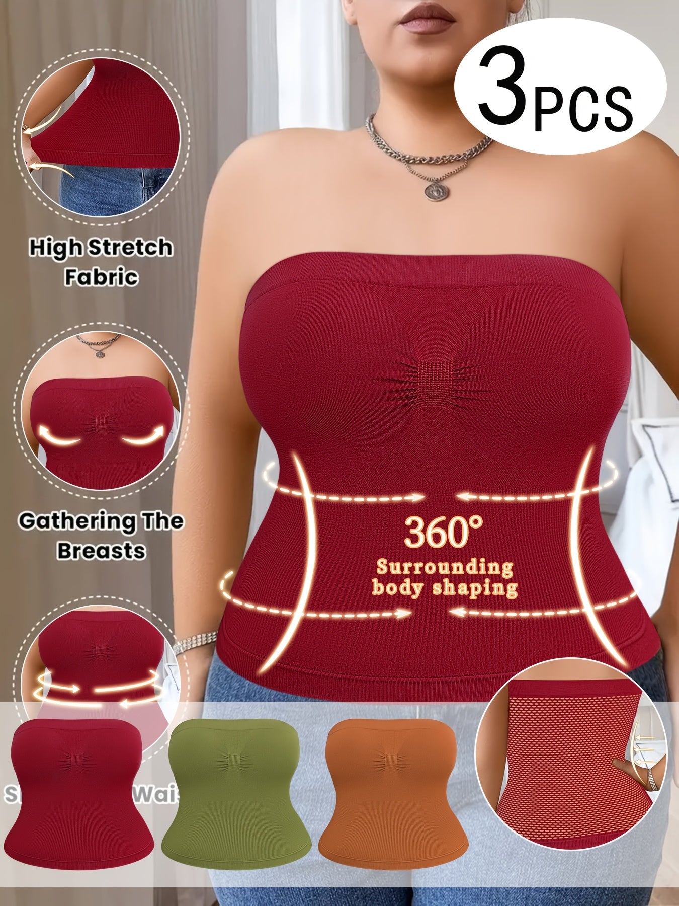 3-Pack Women'S Plus Size Waist Shaping Comfortable & Breathable Tube Top With Built-in Bra