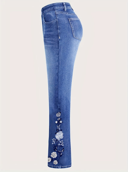 Women's Plus Size Light Blue Solid Denim Jeans - Side Ankle Floral Embroidery Whiskered Flared Legs High-Waisted Medium Stretch - Elegant Comfort Date Night Outing Plus Size Denim