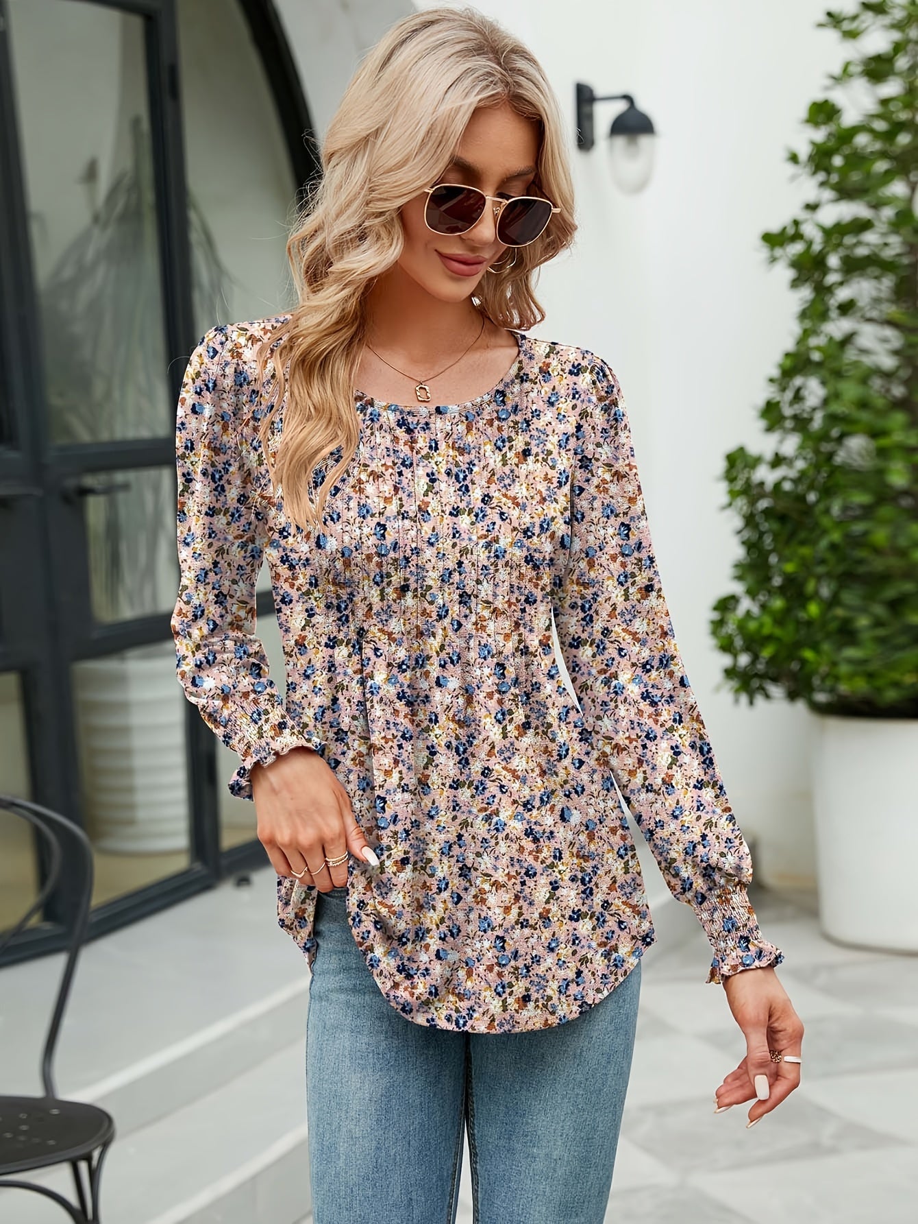 Women's Casual Fall Floral Round Neck Puff Sleeve Tunic Long Sleeve Top Pleated Loose And Versatile T-Shirt