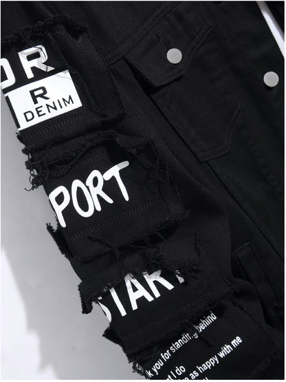 [HME] American High Street Men's Denim Jacket, Three-dimensional Cut And Loose Fit, Fashionable Patchwork And Patchwork Design, Full Of Retro Street Style, Open Front, Single-row Button Closure, Fashionable And Trendy Men's Denim Jacket