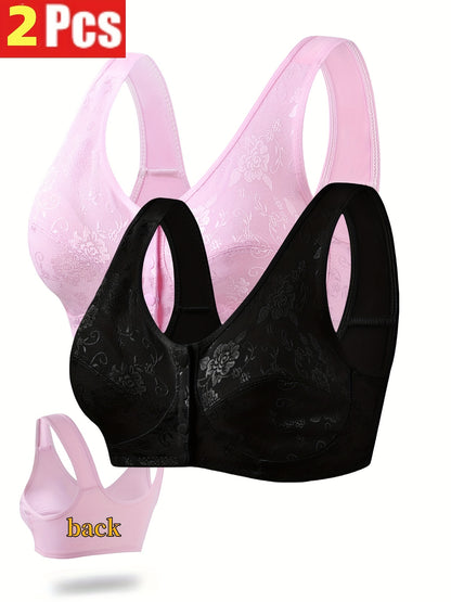 2-Pack Valentine'S Day Special Women'S Sexy Floral Lace Front Closure Bras - No Padding Thin Support Wire-Free Comfort Bras for Casual Attire, Black & Pink, Hand Wash Solely