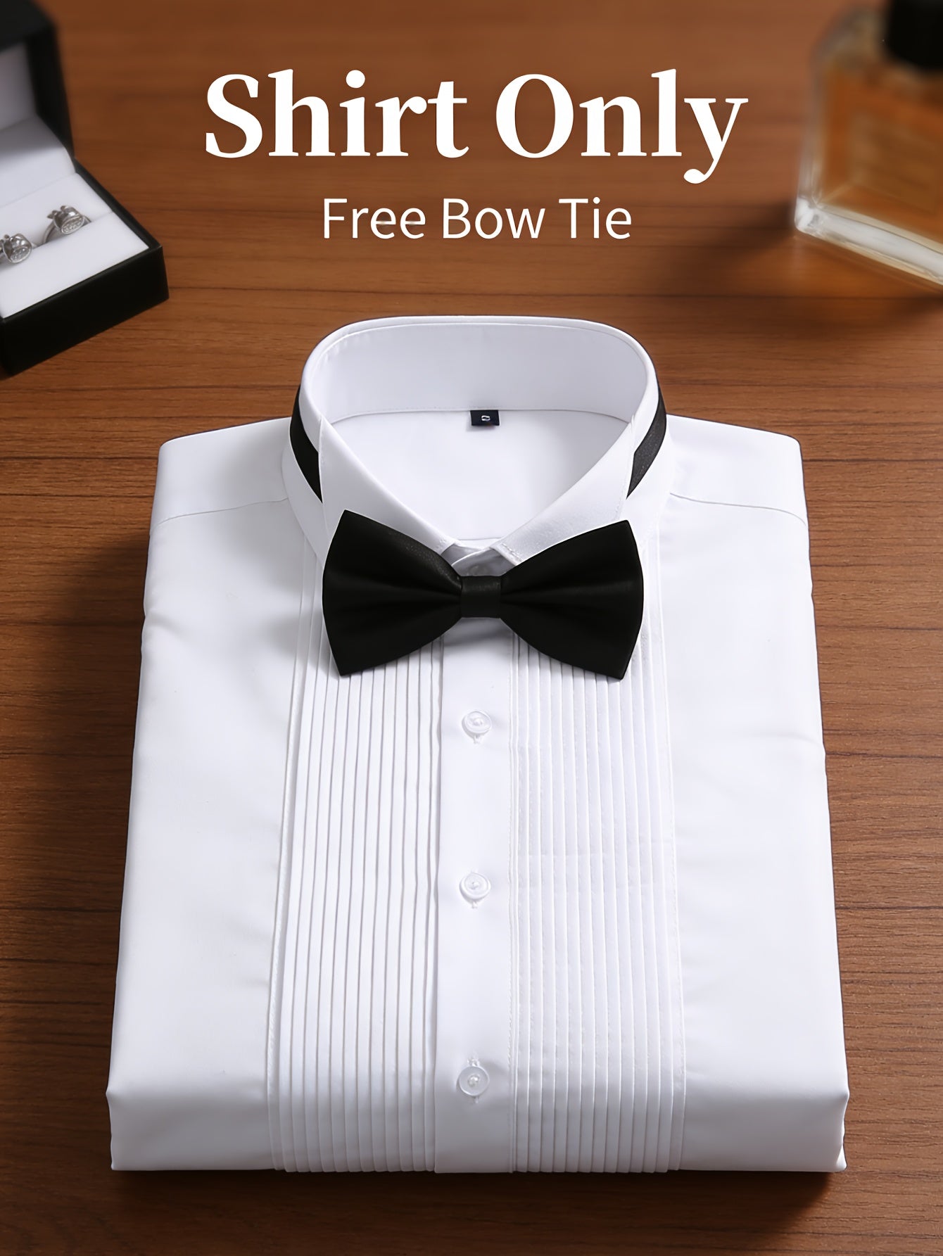 2026 New Men's French-Style Dress Shirt, Shirt Only Without Gift Box, Includes A Bow Tie, Elegant Pleated Front Dress Shirt/top, Suitable for Work, Office, Weddings, Formal Stand-up Collar Shirt, A Gift for Him for Christmas Or Valentine's Day