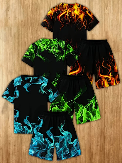 6pcs Set of Easy And Stylish Flame Outfits, 3D Printed Casual Short-Sleeve T-Shirts + Shorts. Outdoor T-Shirt And Shorts Set, for Outdoor
