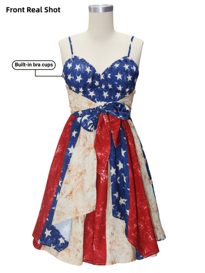 [Independence Day Style] Women's Retro Independence Day Style Camisole V-Neck Padded A-Line Waist Belted Fashion Dress