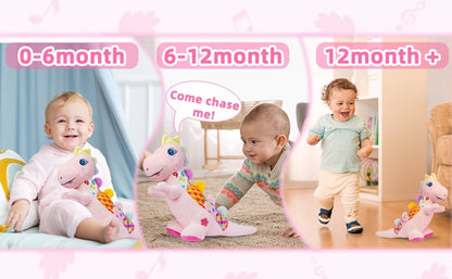 Musical Dinosaur Baby Plush Toy - Crinkle, squeak, rattle and textured sensory details
