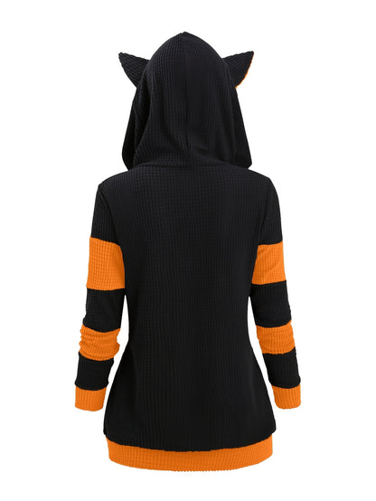 Women's & Cute Cat Ear Zip Hoodie - Anime Roleplay Costume with Pockets, Colorblock -Line Sweatshirt | Soft Warm Outerwear Suitable for Autumn/Winter Daily Wear, Machine Washable Cozy Streetwear