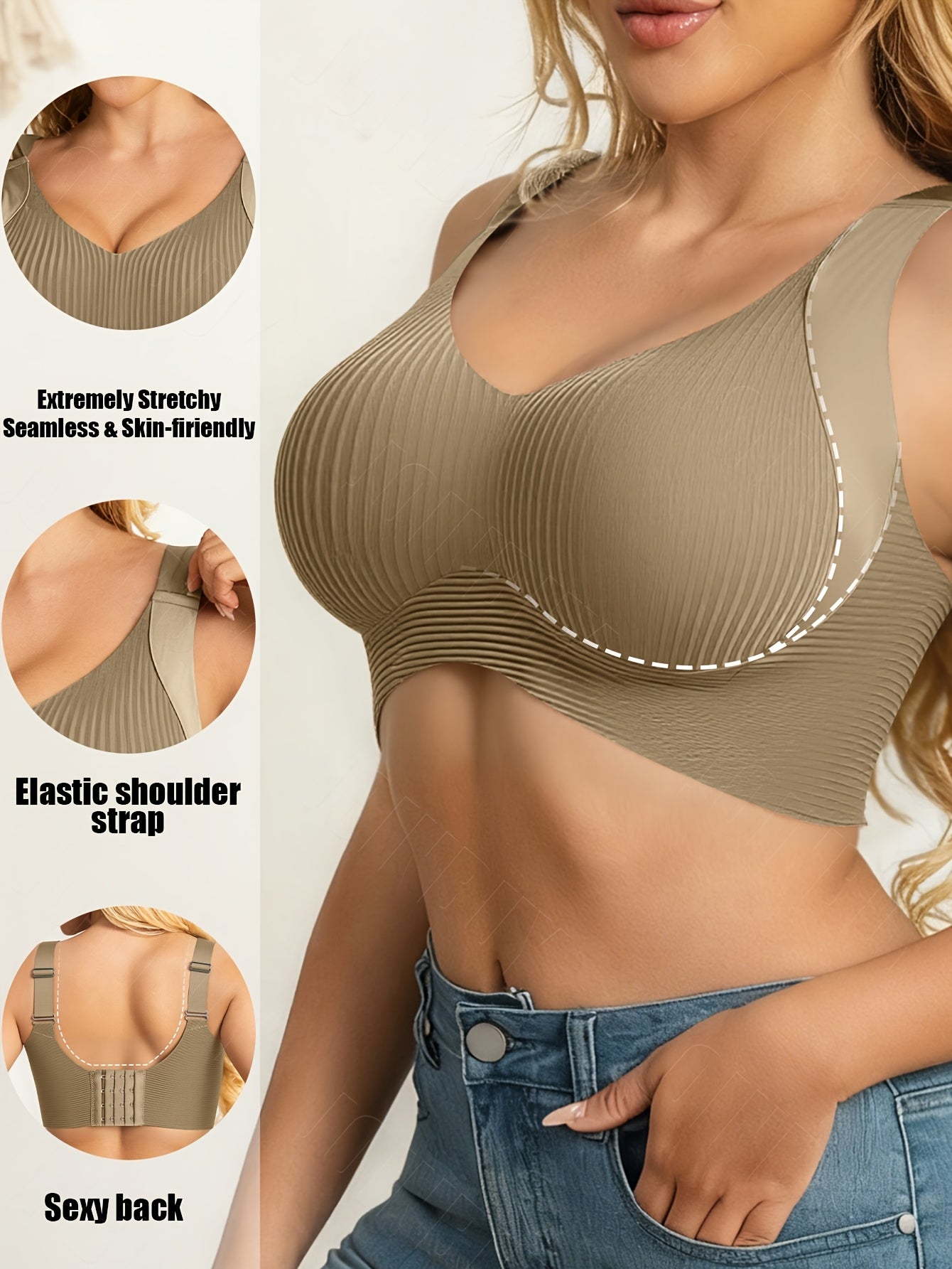 6pcs Women's Seamless Bras - Full Coverage V-Neck Backless Support Bra Non-Removable Pads High Elasticity Fit Elegant Solid Color Design for Daily & Special Occasions Comfortable Underwear Seamless Structure Bra