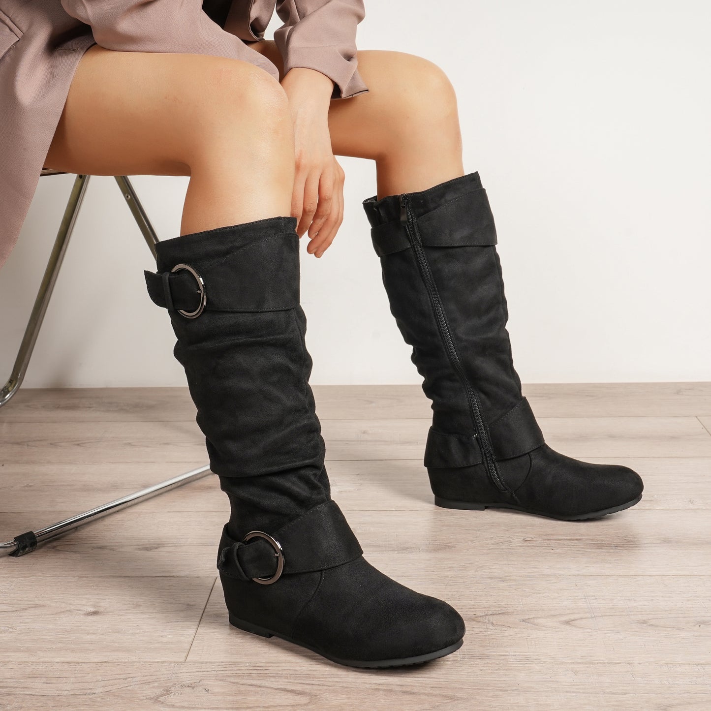 Women'S Knee-High Boots with Hidden Wedge Heel - Slip-resistant TPR Sole, Side Zipper Closure, Cushioned Insole - Winter Boots for Everyday & Formal Events - Black Boots (Easy On/Off), Seasonal Footwear, Sleek Design, Durable Construction, Office Wear