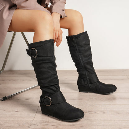 Women'S Knee-High Boots with Hidden Wedge Heel - Slip-resistant TPR Sole, Side Zipper Closure, Cushioned Insole - Winter Boots for Everyday & Formal Events - Black Boots (Easy On/Off), Seasonal Footwear, Sleek Design, Durable Construction, Office Wear