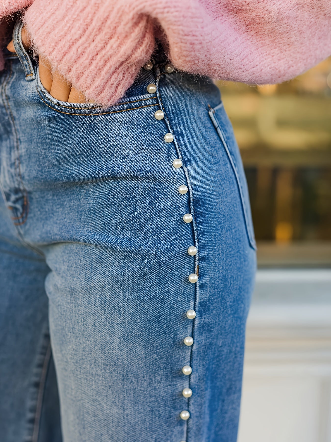 Women's Plus Size Pearl Side Date Out Denim Straight Pants