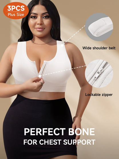 Set of 3 Women'S Plus-Size Bras Featuring a Front Zipper Closure - Designed for High Support, Non-Slip Fit, And Removable Padding. Available in White, These Bras Offer a Comfortable Fit And Sleek Design Suitable for Both Everyday And Formal Occasion