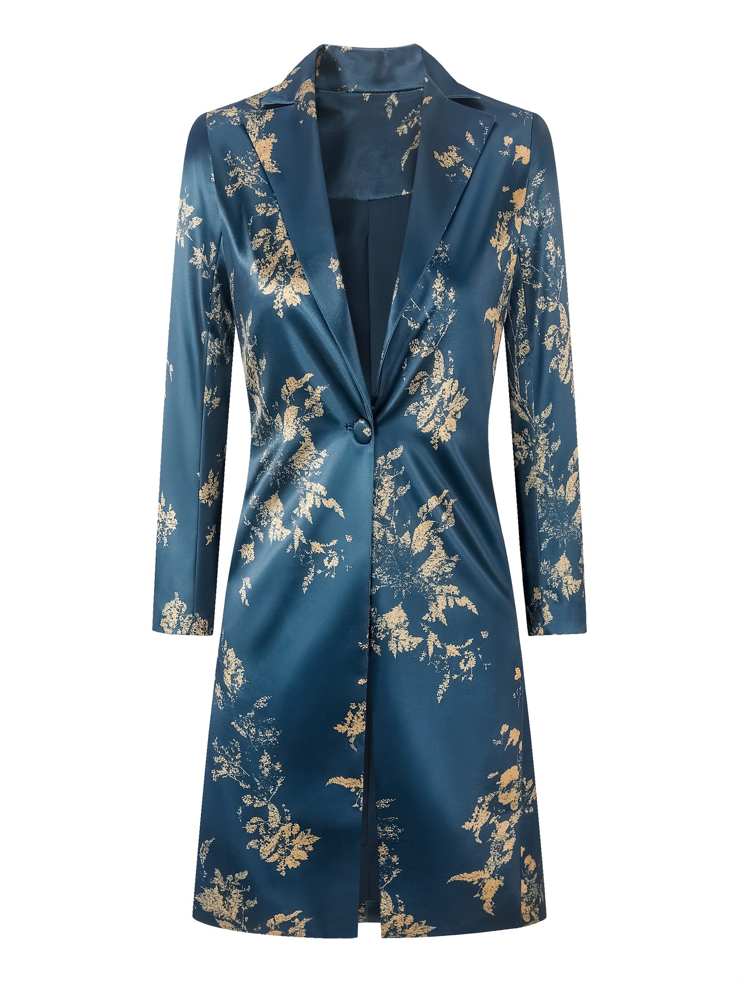 Elegant Fashion Casual Golden Floral Print Stain Overcoat, Baroque Style, Single Button Double Pocket Long Sleeves Long Blazer, Smooth And Delicate Feel, Suitable for Formal And Casual Occasions