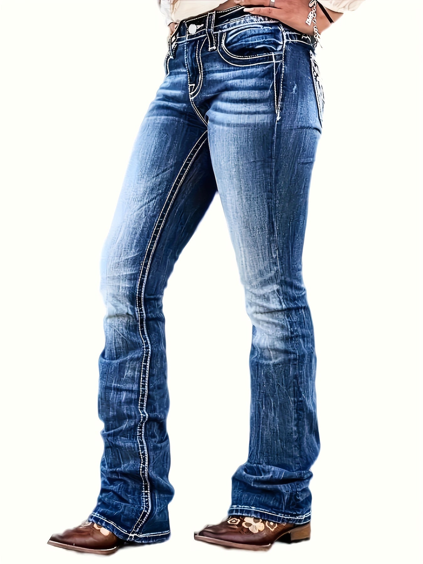 Women'S High-waisted Blue Slim-fit Flared Jeans | Vintage, Worn-in Look with Ethnic-style Embroidered Back Pockets, Soft, Stretchy, Machine-washable, Suitable for All Seasons