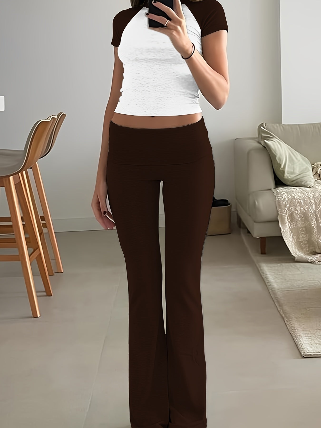 Casual Solid Color Slim Two-piece Pants Set, Short Sleeve Crew Neck T-shirt & Skinny Flared Leg Pants Outfits, Women'S Clothing