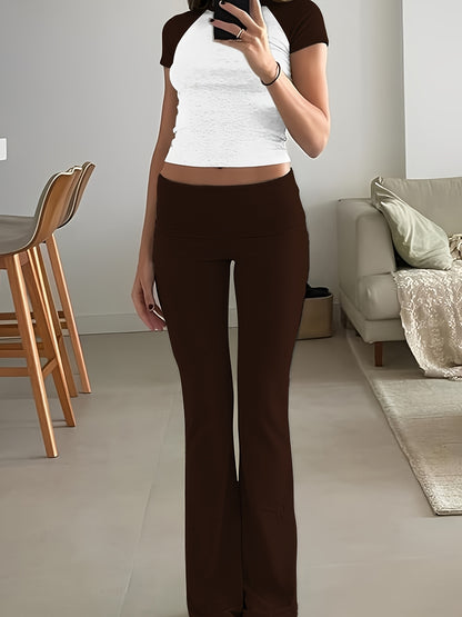 Casual Solid Color Slim Two-piece Pants Set, Short Sleeve Crew Neck T-shirt & Skinny Flared Leg Pants Outfits, Women'S Clothing