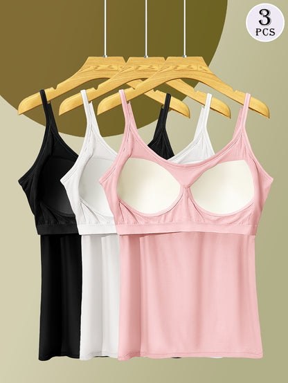 [3-Pack Adjustable Camisole] 3-Pack Comfortable And Versatile Adjustable Strap Camisole With Built-in Bra Pads, One-Piece Bra For Anti-Exposure, Suitable For Home Wear Or Outerwear