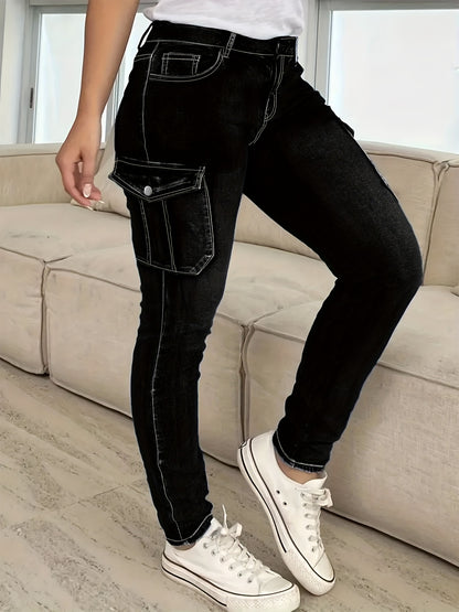 Plus Size - Women'S Plus Size High-Waist Stretchy Skinny Jeans with Pockets - Dark Blue Casual Tight Pants, Comfortable And Stylish for Casual Attire, High Waisted Jeans, Comfortable Clothing, Minimalist Design, Smooth Texture