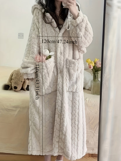 New Autumn And Winter Women's Hooded Coral Pajamas, Thickened And Flannel Home Sleep Dress, Bathrobe, Long Cute Sweet Home Wear Lazy Women's Robe, Can Be Worn Outside As Home Wear, Thickened Long Hooded Winter Robe for Women
