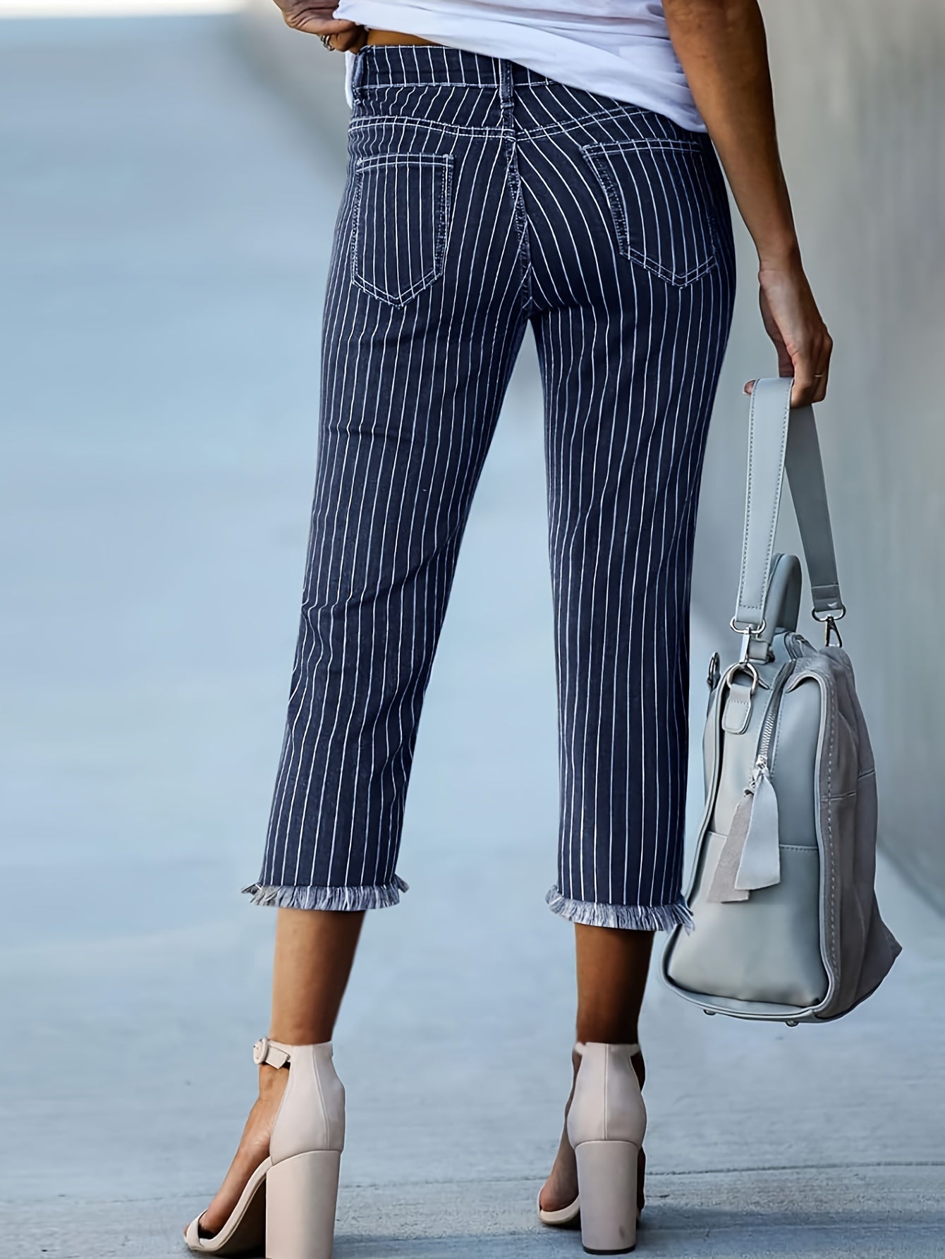 Striped Print Raw Hem Retro Casual Style Capri Denim Pants, Women's Denim Jeans & Clothing