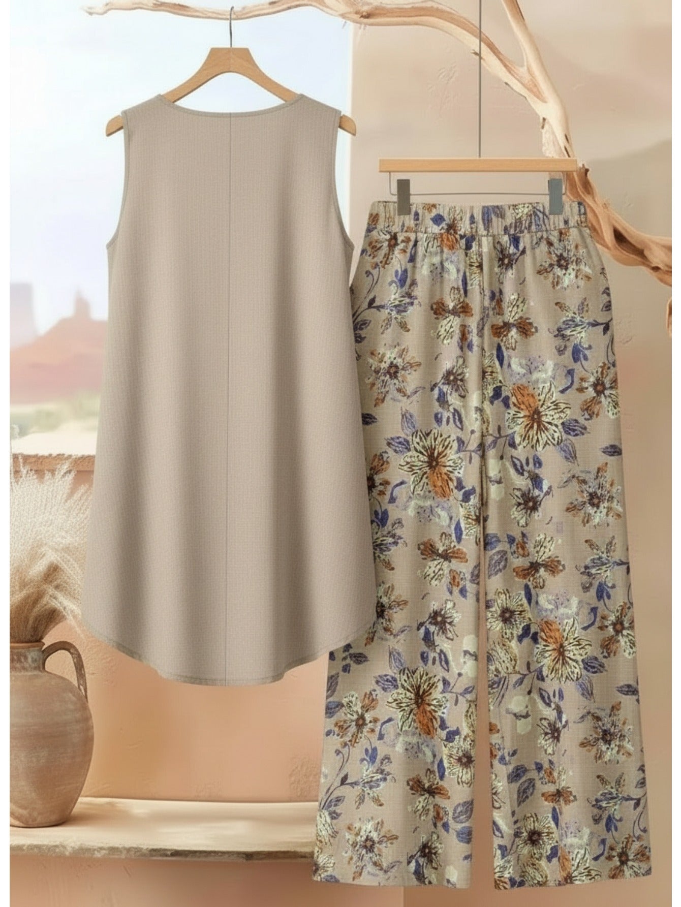 Khaki Loose Sleeveless Top + Floral Print Wide-Leg Pants Women'S Two-Piece Set | Fresh and Relaxed Casual Style Perfect for Spring/Summer Homewear & Light Vacation Outfits