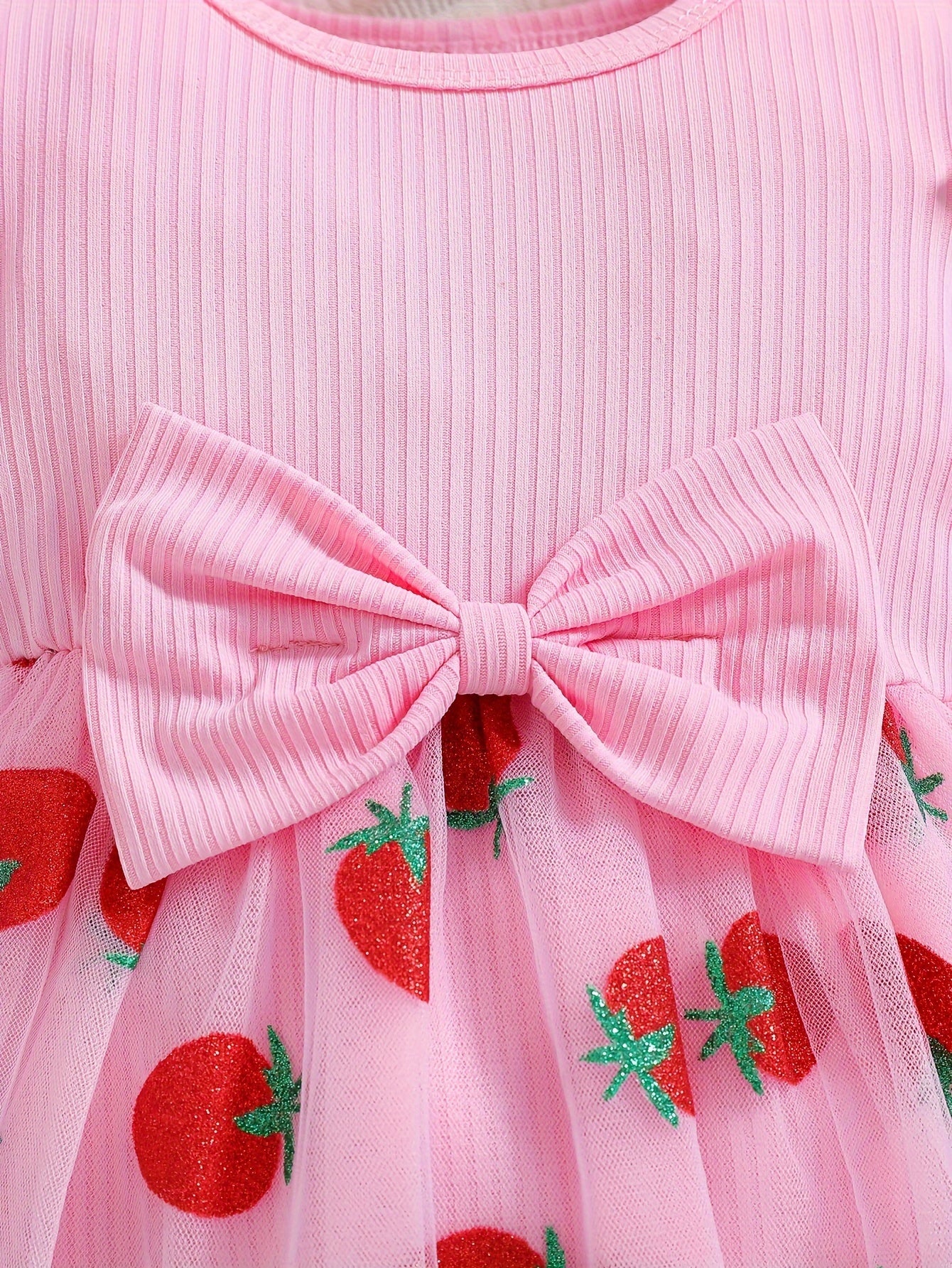 Long-Sleeve Knitted Striped Bodysuit for Girls, Featuring a Strawberry Tulle Skirt And a Cute Bow, Perfect for Spring And Autumn Outings, for Outdoor