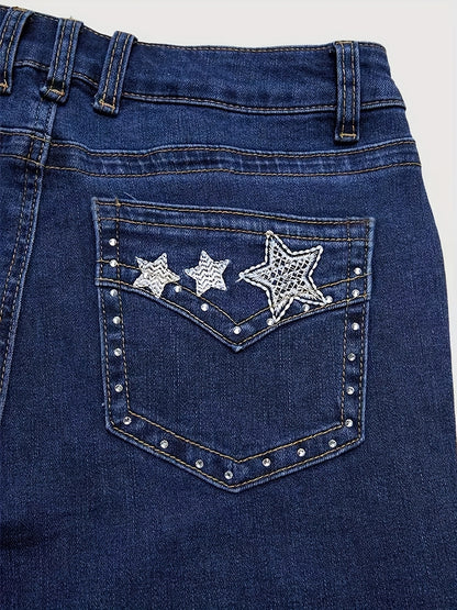 [Comfort Fit Jeans] Mid-Rise Comfort Fit Women's Stretch Denim Flare Jeans | Star Embroidery, Slash Pockets, All-Season Casual Wear, Blue Denim Bell Bottoms