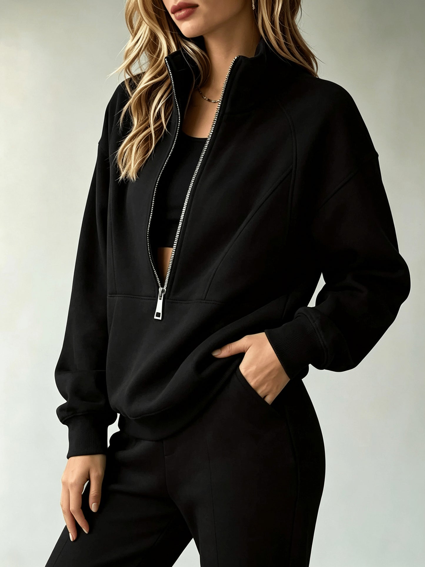 Women'S Matching Outfit, Cozy Fleece Top, Trendy Casual Sportswear for Ladies