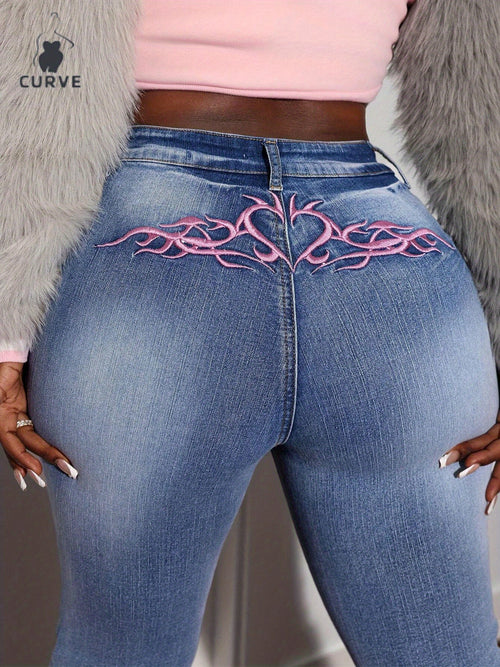Plus Size Women's Light Blue Stretch Flared Jeans with Pink Embroidery to Highlight Your Curves