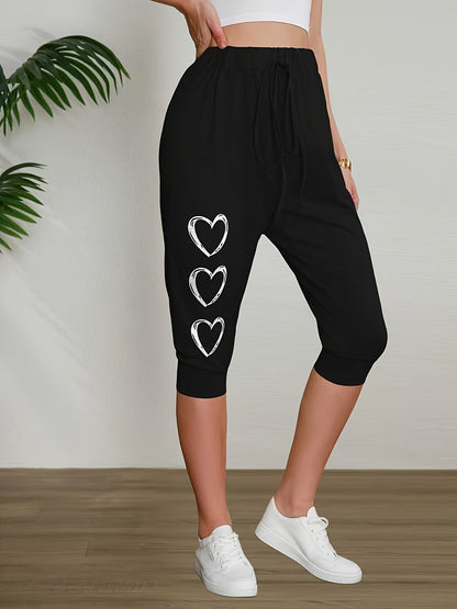 3pcs Women's Plus Size Capri Pants with Heart Print, Minimalist Casual Fit, Very Comfortable Loungewear