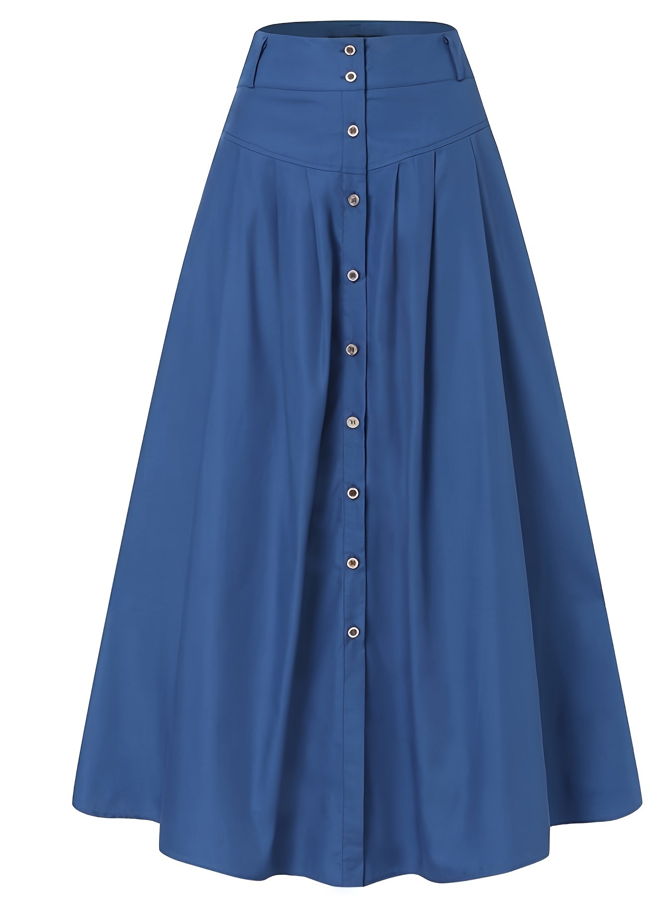 Women's Blue High Waist Button Front Denim Maxi Skirt, Slim Fit A-Line Midi Skirt for Casual/Retro Outfits