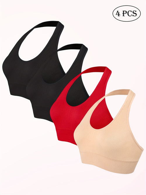 4pcs Neck Hanging Tank Top, Women's Breathable Ribbed Backless Underwear, Women's Sports Yoga Vest Top