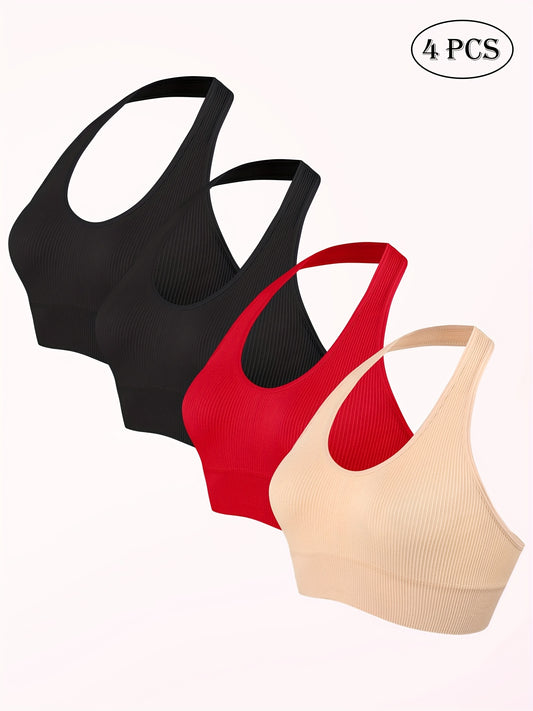 4pcs Neck Hanging Tank Top, Women's Breathable Ribbed Backless Underwear, Women's Sports Yoga Vest Top