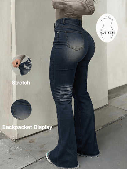 A Pair Of Plus-size Women'S Jeans, Flared Jeans, Slightly Stretchy, Lifts The Hips And Legs, Y2K Style, Fashionable, Casual And Elegant, Suitable For Various Occasions, Street Style, Evening Dates And Parties, Plus-size Jeans, Plus-size Denim.